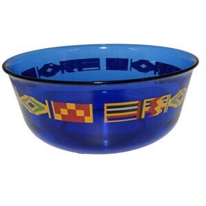 Arcoroc France Cobalt Blue Kente Flag Trim Serving Bowl Vintage Glass 8 3/4 inch